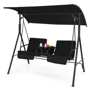 2-Person Metal Porch Swing Chair with Adjustable Canopy in Black