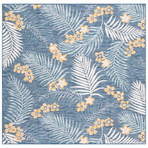 SAFAVIEH Sunrise Ivory/Blue Gold 7 ft. x 7 ft. Oversized Tropical Reversible Indoor/Outdoor Square Area Rug