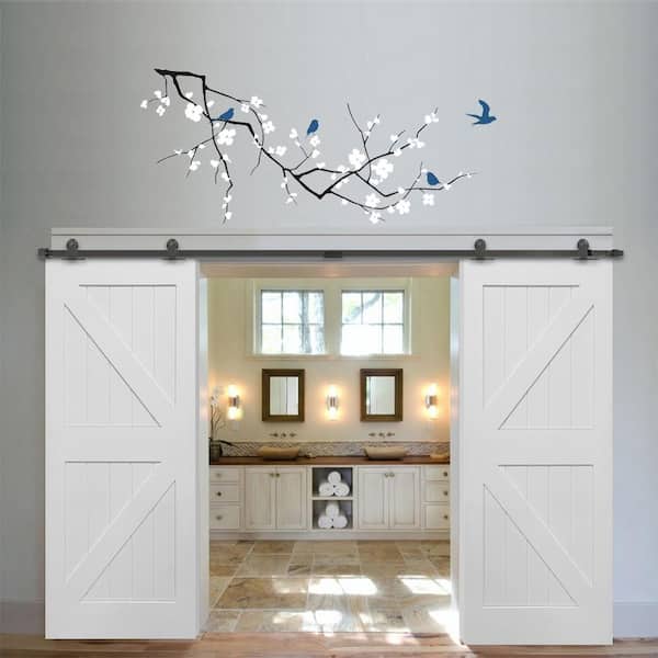 72 in. x 84 in. Primed Composite K-Plank Double Sliding Barn Door with Matte Black Hardware Kit