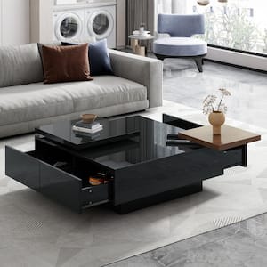 Modern High Gloss 31.5- 40.9 in. Black Square Wood Coffee Table with 4-Drawer, 2 Movable Top Shelves