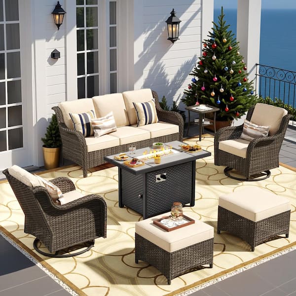 Yosemite Brown 7-Piece Wicker Patio Rectangle Fire Pit Conversation Set with Beige Cushions and Swivel Chairs