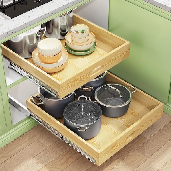 Pull Out Standing Cabinet Organizer, Soft Close Wood Slide Out Drawers for Pots, Full Extension Roll Out Kitchen Shelves