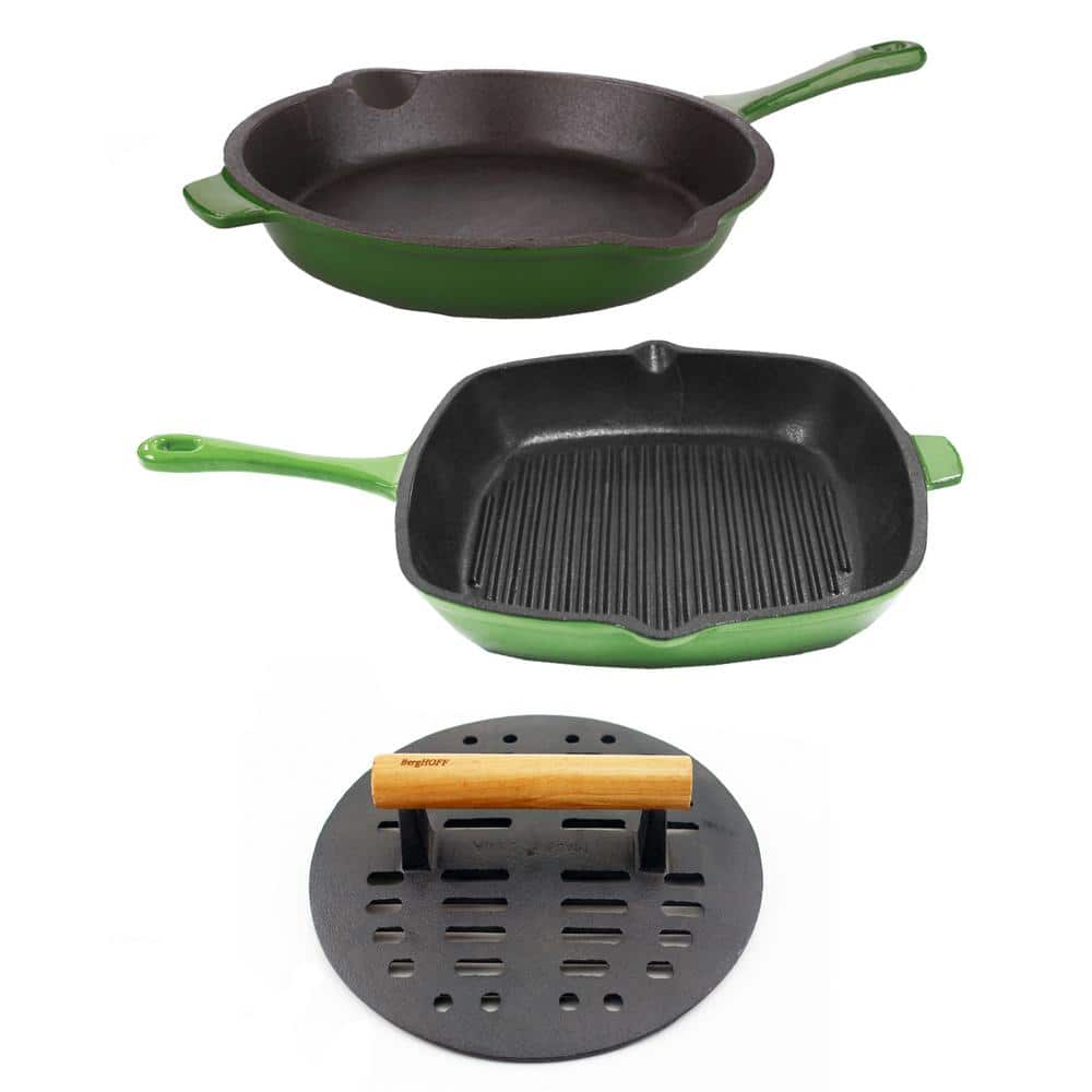 BergHOFF Neo 4Pc Cast Iron Set : Grill Pan, Fry Pan & 3Qt Dutch