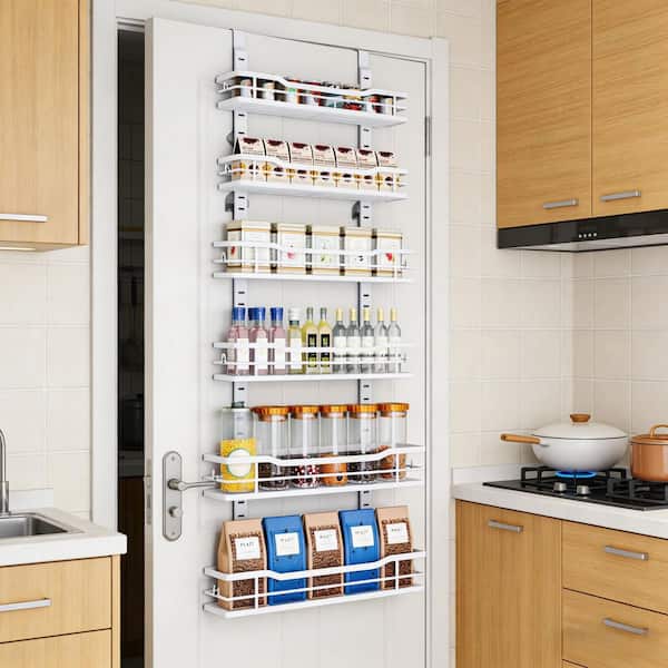 6-Shelf White Adjustable-Basket Metal Over The Door Pantry Organizer, for Kitchen Back of Door Seasoning Storage