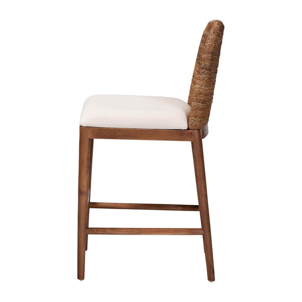 Nadim White Fabric and Acacia Wood Counter Stool with Seagrass Backrest