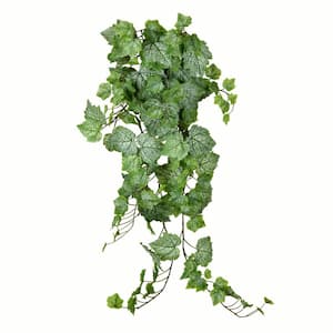 39 in. Green and White Artificial Grape Leaf Ivy Hanging Basket