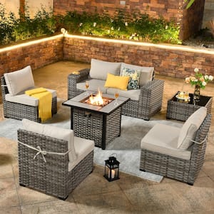 Metis 7-Piece Wicker Outdoor Patio Fire Pit Conversation Sectional Sofa Set and with Beige Cushions