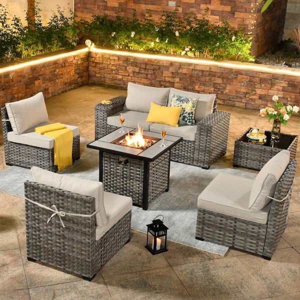 XIZZI Metis 7-Piece Wicker Outdoor Patio Fire Pit Conversation Sectional Sofa Set and with Beige Cushions