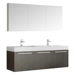 Vista 59 in. Vanity in Gray Oak with Acrylic Vanity Top in White with White Basins and Mirrored Medicine Cabinet