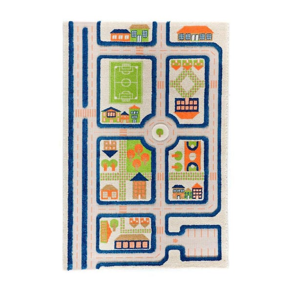 ivi Traffic Blue 3D 3 ft. x 5 ft. 3D Soft and Cozy Non-Toxic Polypropylene Play Area Rug for Kids Bedroom or Playroom