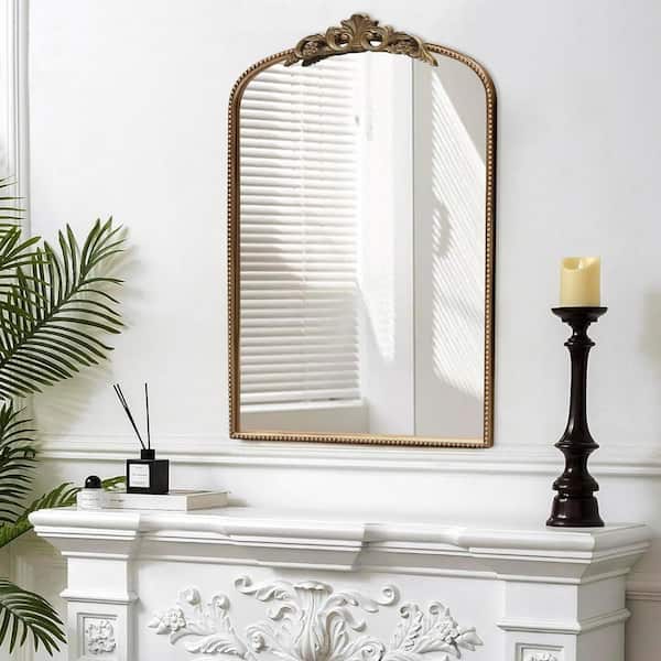 LuxHomez 24 in. W x 36 in. H Vintage Antique Gold Arched Ornate Metal Frame Decorative Wall Mirror