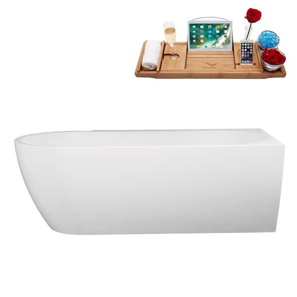 Streamline 65 in. x 31 in. Acrylic Freestanding Soaking Bathtub in Glossy White with Polished Gold Drain, Bamboo Tray
