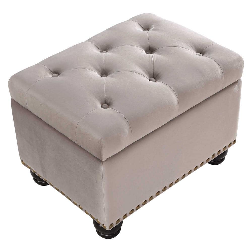 Elegant Taupe Velvet Tufted Storage Ottoman with Antique Nailhead Trim