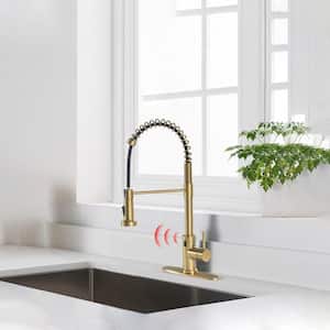 Commercial Touchless Single Handle Spring Pull Down Sprayer Kitchen Faucet with Power Clean&Deck Plate in Brushed Gold