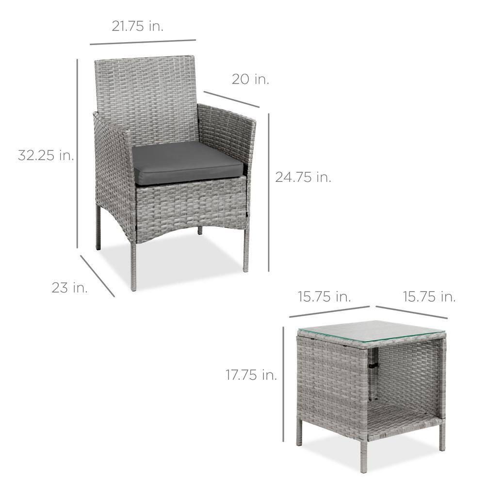 Gray Wicker 3-Piece Outdoor Bistro Set with Cushions and Glass Tabletop