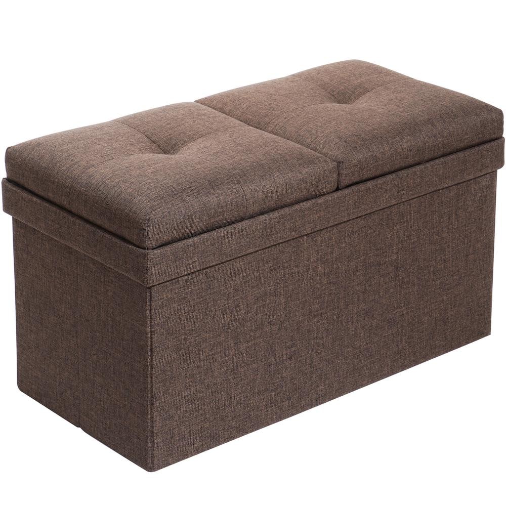 Brown MDF Cotton Linen Foldable Storage Rectangle Footstool