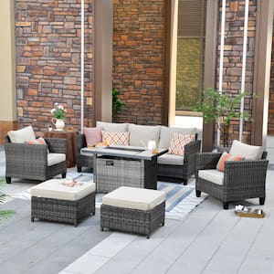 New Vultros Gray 6-Piece Wicker Patio Fire Pit Conversation Seating Set with Beige Cushions