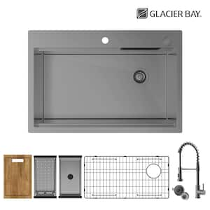 33 in Drop-In Single Bowl 18-Gauge Gunmetal Stainless Steel Workstation Kitchen Sink with Waterfall and Pull-Down Faucet