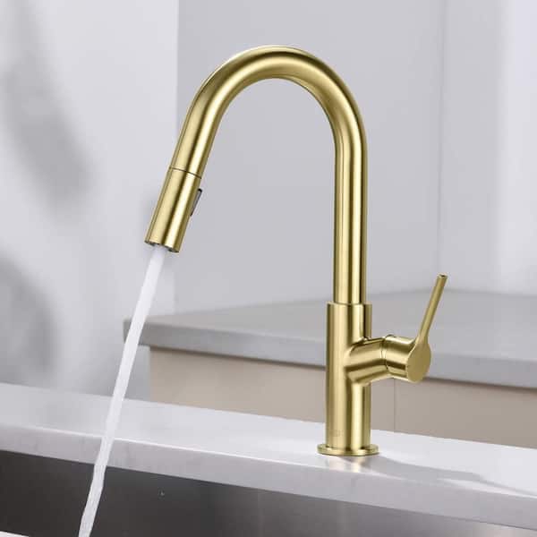 Fusion Single Handle Pull Down Kitchen & Bar Sink Faucet with Soap Dispenser-Brushed Gold