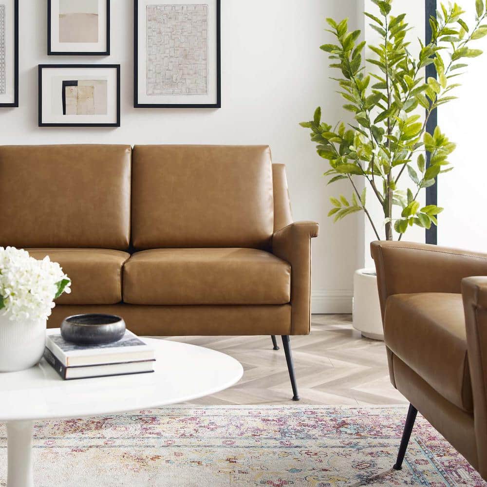 Tan Faux Leather Sofa with Removable Cushions and Wood Frame