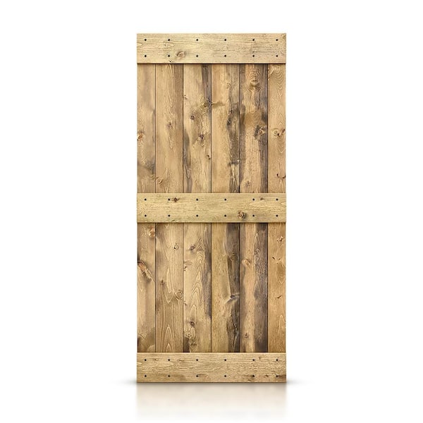 CALHOME 24 in. x 84 in. Distressed Mid-Bar Series Weather Oak Solid Knotty Pine Wood Interior Sliding Barn Door Slab