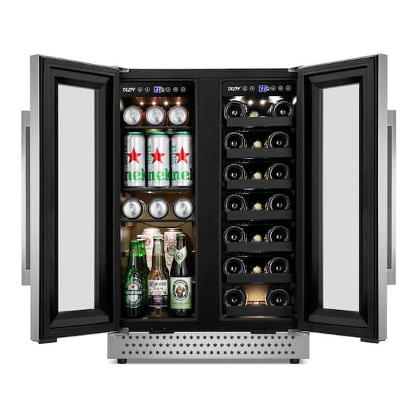 Dual Zone 24 in. Built-In 20-Bottle and 88-Can Beverage and Wine Cooler  Fridge with French Doors, Stainless Steel