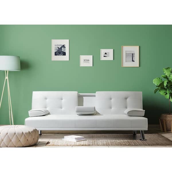 LACOO White 66 in. Faux Leather Upholstered Convertible Folding Futon Sofa Bed 2 Cupholders