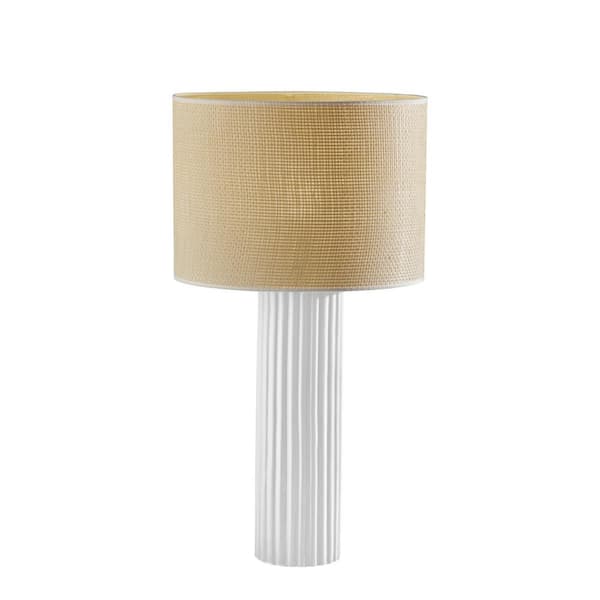 HomeRoots 29 in. Beige Transitional Integrated LED Bedside Table Lamp with Beige Fabric Shade