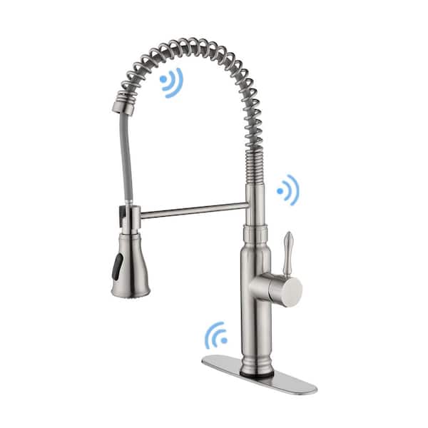 Touchless Single Handle Pull Out Sprayer Kitchen Faucet with Deckplate Included in Brushed Nickel