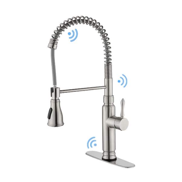 Magic Home Touchless Single Handle Pull Out Sprayer Kitchen Faucet with Deckplate Included in Brushed Nickel