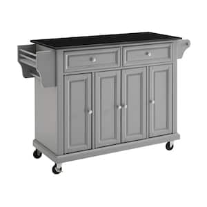 Full Size Grey Kitchen Cart with Solid Black Granite Top