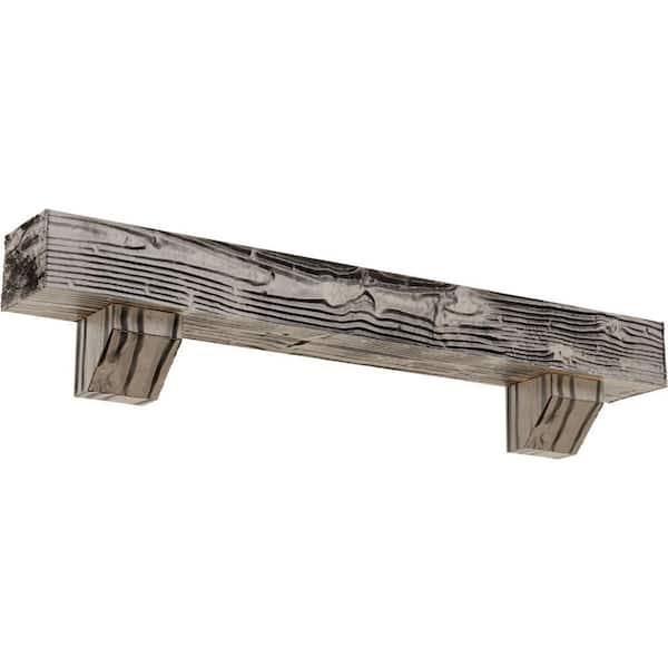 Ekena Millwork 4 in. x 4 in. x 3 ft. Sandblasted Faux Wood Fireplace Mantel Kit, Ashford Corbels, Burnished Pine