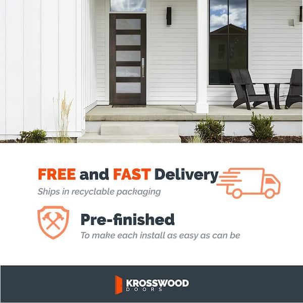 36 in. x 80 in. Modern Left-Hand 5-Lite Frosted Glass Amaretto Stain Mahogany Wood Front Door Kit w/ Quick Assemble Jamb