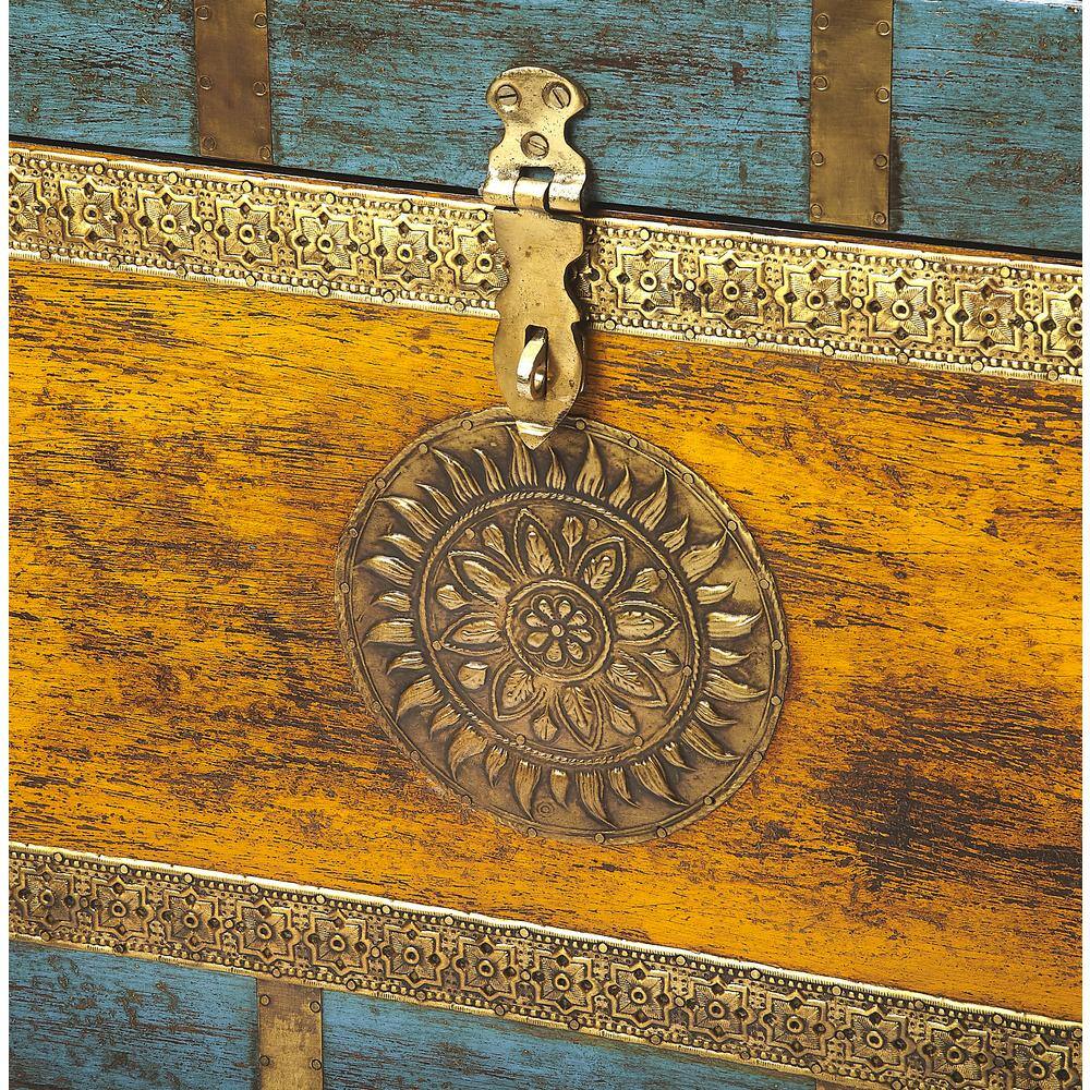 Nador Multicolor Mango Wood and Brass Inlay Storage Trunk Coffee Table
