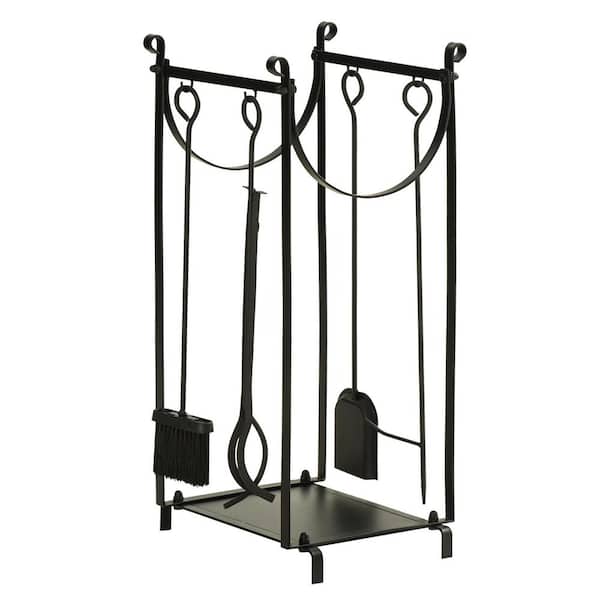 30.25 in. H x 13.75 in. W x 14.5 in. W Black Steel 2-Tiers Flat Bottom Firewood Rack with Fireplace Tools