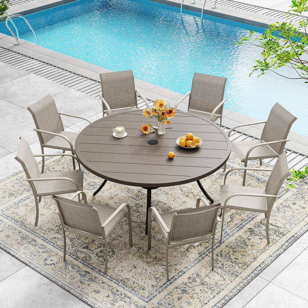 9-Piece Patio Dining Set with 53.1 in. Grey Metal Round Table and 8-Sandshell Stackable Chairs for Backyard, Garden price history on PriceWatchPro