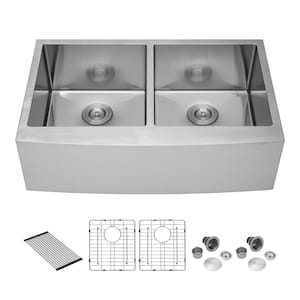 33 in. Farmhouse Double Bowl Sink 16-Gauge Brushed Stainless Steel Kitchen Sink with Accessories