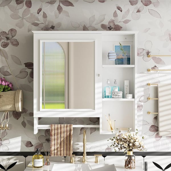 White 29 in. W x 28 in. H Rectangular Wood Medicine Cabinet with Mirror, Bathroom Wall Cabinet with Adjustable Shelves