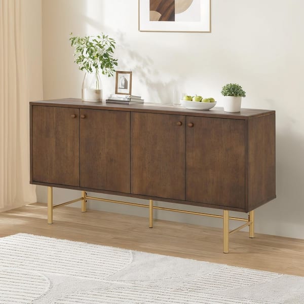 CHRISTOPHER KNIGHT HOME Scarlett Walnut MDF Wood 59.75 in. W Modern Sideboard Buffet Cabinet with Gold Metal Legs, Adjustable Shelves, Doors