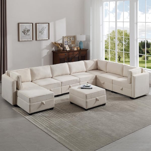 108.5 in. 9 Piece Oversized Modular Sofa Beige Linen Living Room Set Sectional Couch with Storage Ottoman
