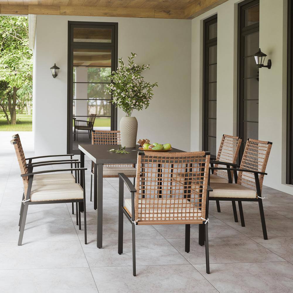 Brown 7-Piece Wicker Rectangular Outdoor Dining Set with Beige Cushions