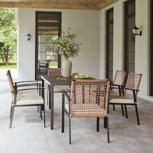 Brown 7-Piece Wicker Rectangular Outdoor Dining Set with Beige Cushions