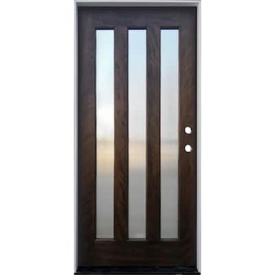 36 in. x 80 in. Espresso Left-Hand Inswing 3-Lite with Reed Glass Mahogany Prehung Front Door