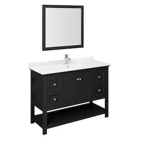 Manchester 48 in. W Bathroom Vanity in Black with Quartz Stone Vanity Top in White with White Basin and Mirror