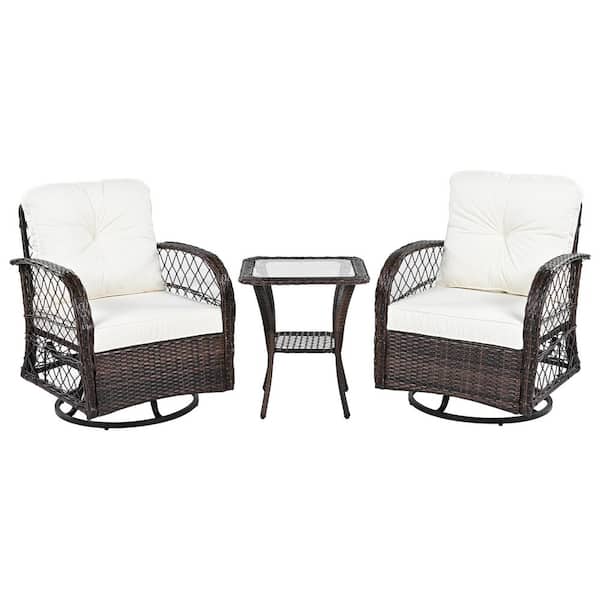 3-Piece Brown Wicker Patio Conversation Set with Beige Cushions
