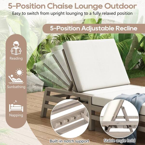 JPJPUU Gray Wood Outdoor Lounge Chair with Beige Cushions for