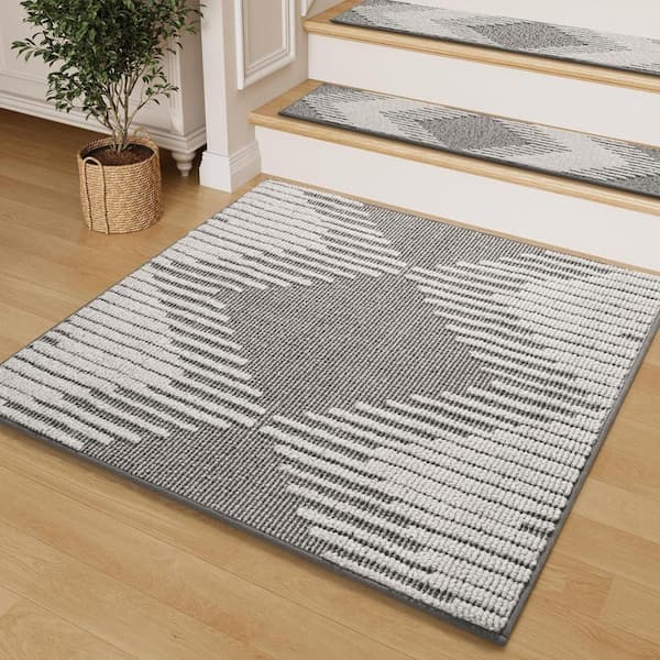 31"x31" 3D Peel & Stick Stair Treads Landing Mat - Non-Slip Washable for Indoor Wood Steps, Kids/Dogs, Grey