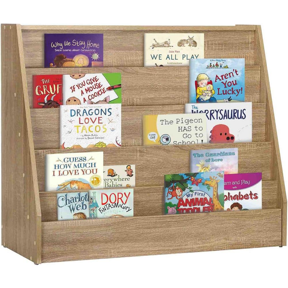 38.3 in. Medium Oak Wood 5-Shelf Bookcase