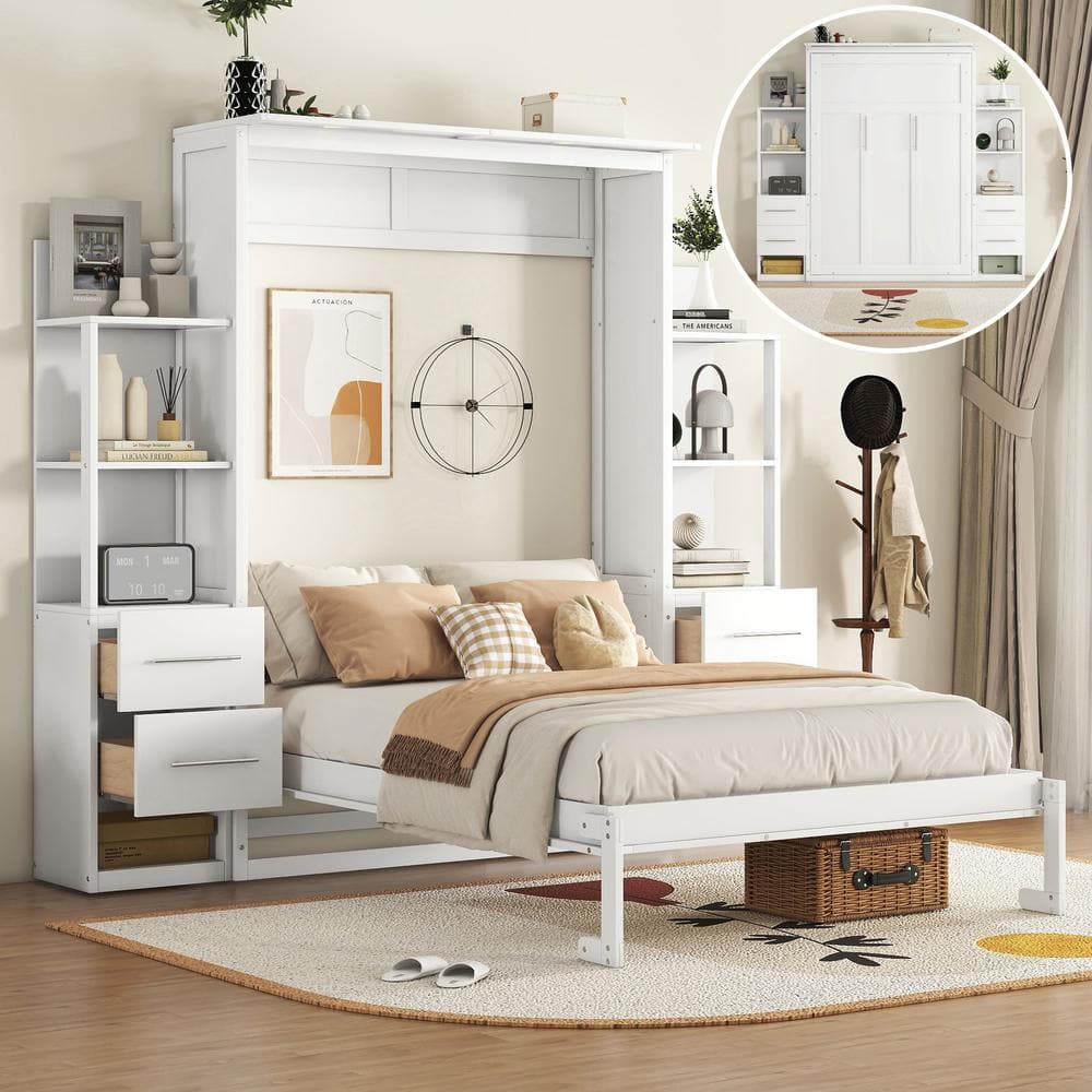 White Wood Frame Full Size Murphy Bed Wall Bed with Shelves 4 Drawer and LED Lights