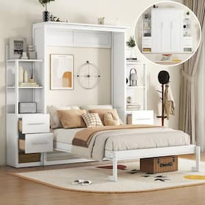 White Wood Frame Full Size Murphy Bed, Wall Bed with Shelves, 4-Drawer and LED Lights